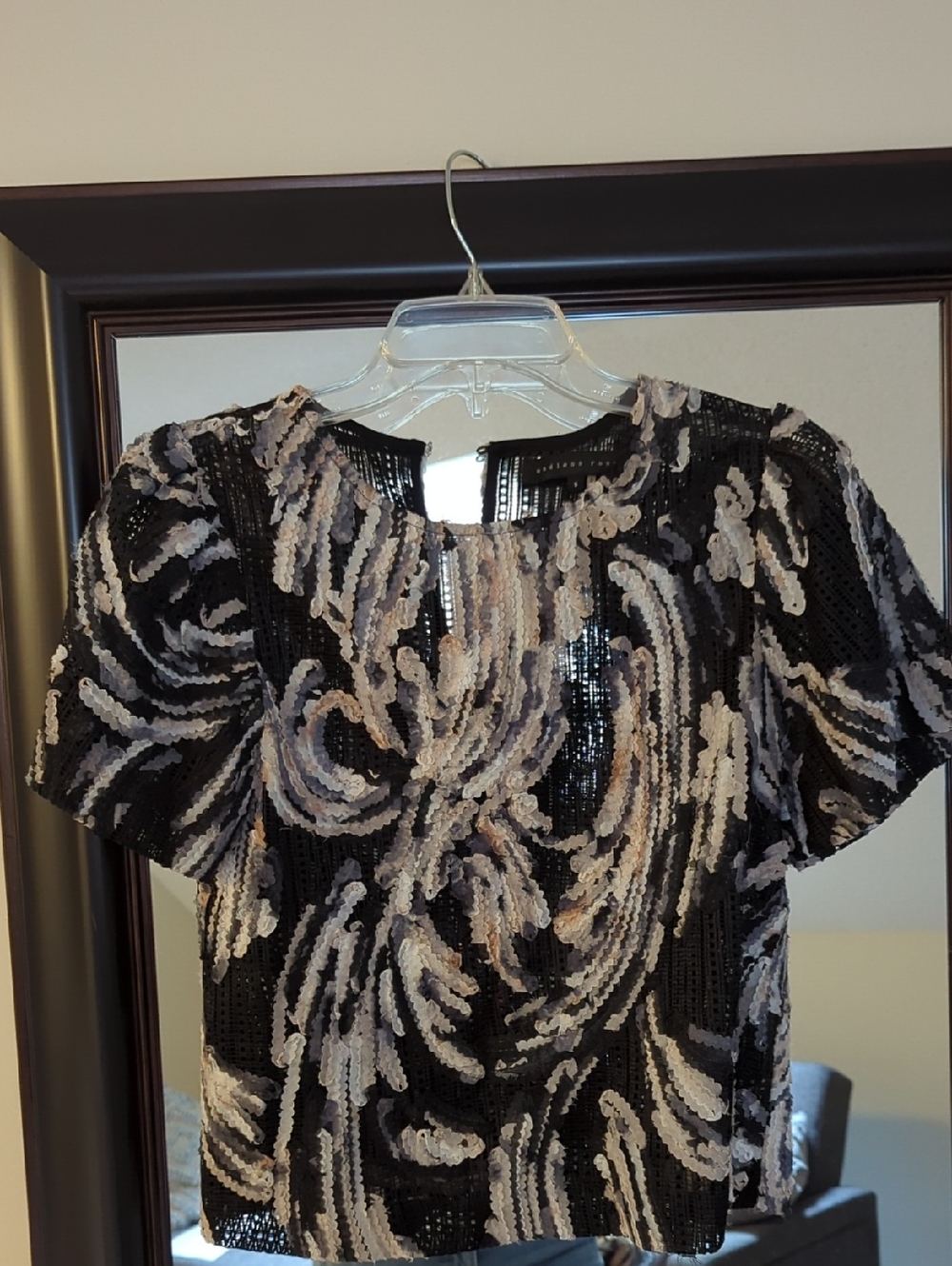 Endless Rose Black Applique Sheer Short Sleeve Top.  Size S